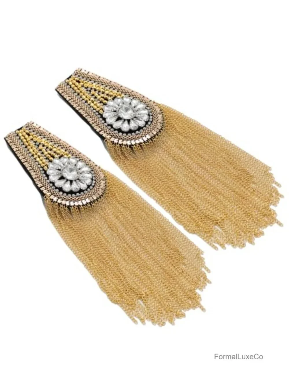 Crystal Beads Gold Tassel Epaulette Brooch Pin Punk Fringe Shoulder Badge Pair